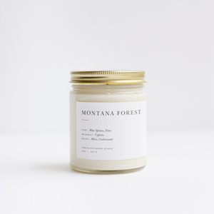 Brooklyn Candle Studio scented candle Montana Forest with lid.  Hand poured with 100% soy wax.