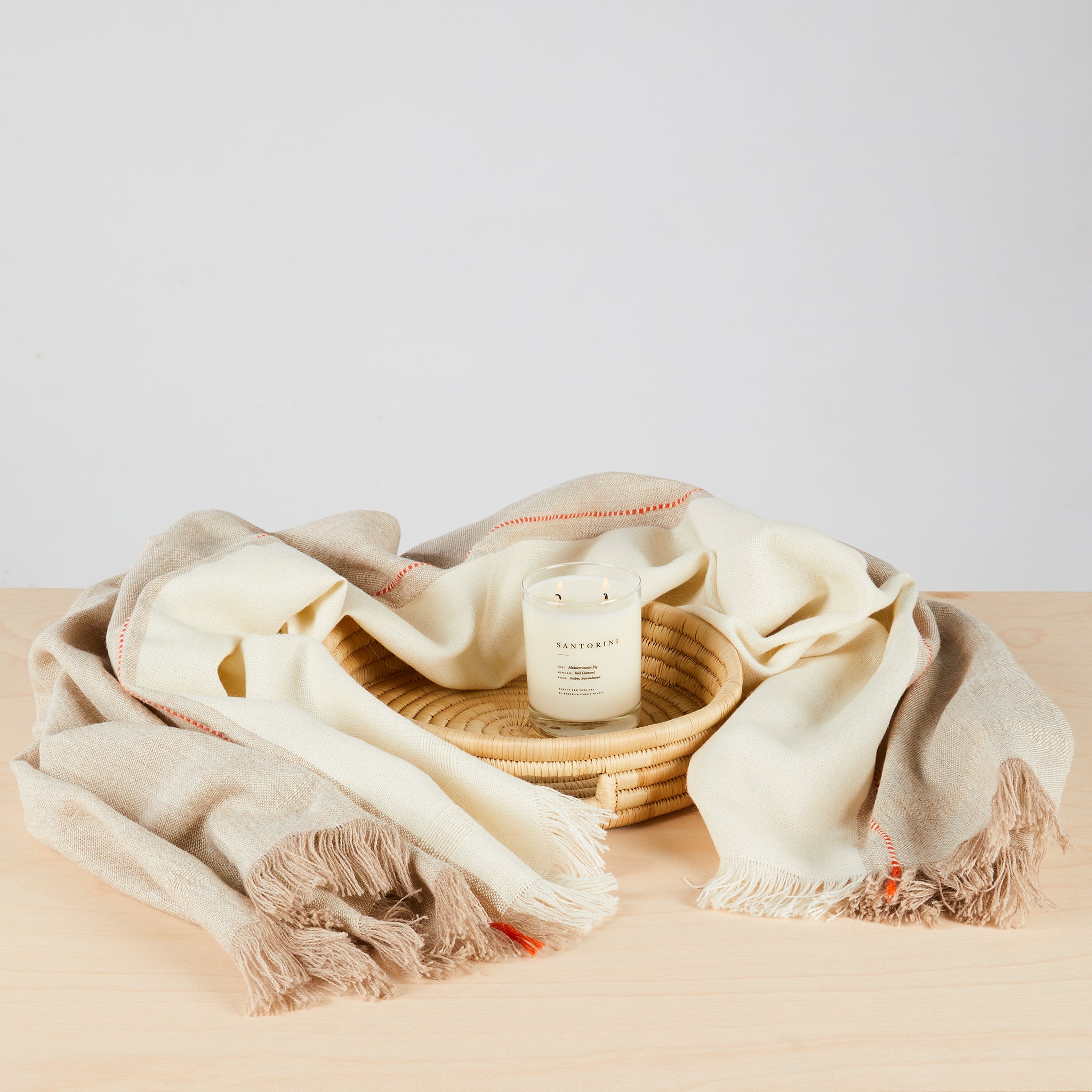 Handwoven BY NATIVE Alpaca Blanket "Asiri" Mood Photo with Candle and Tray