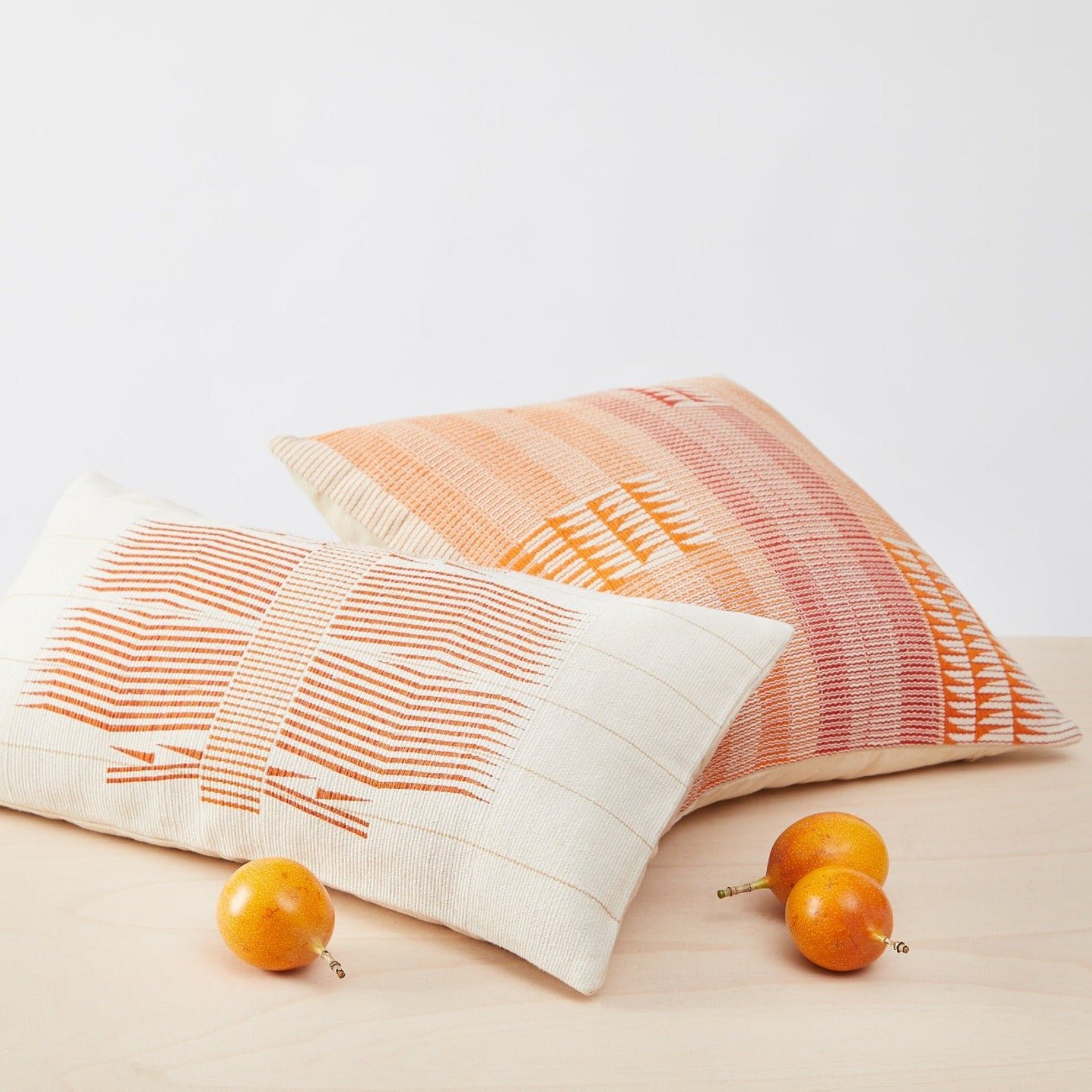 Two handwoven Nagaland cushions Aring Mood in orange, red and natural white
