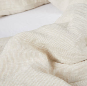 Stonewashed linen bedding detail, beige striped - By Native